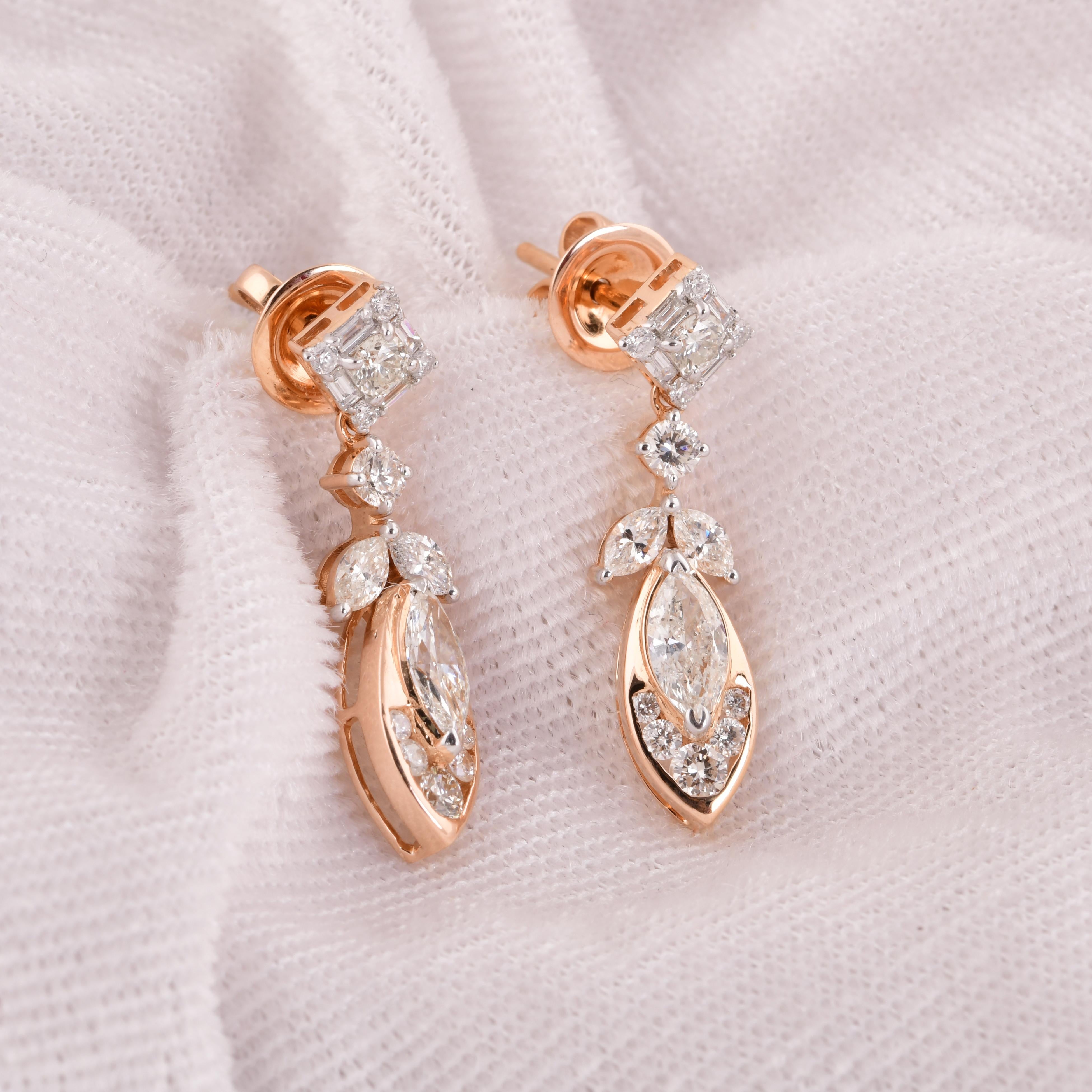 Donna Orecchini pendenti con diamanti naturali Art Deco da 1,85 carati in oro rosa massiccio 18 carati in vendita