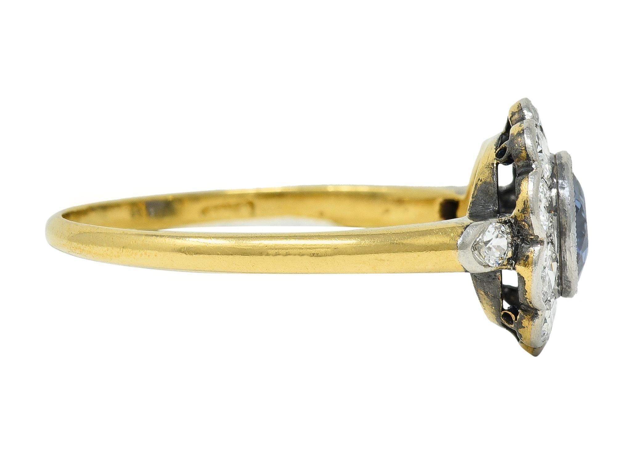Round Cut Art Deco 1.86 CTW No Heat Burma Sapphire Diamond Platinum 14 Karat Gold Ring For Sale