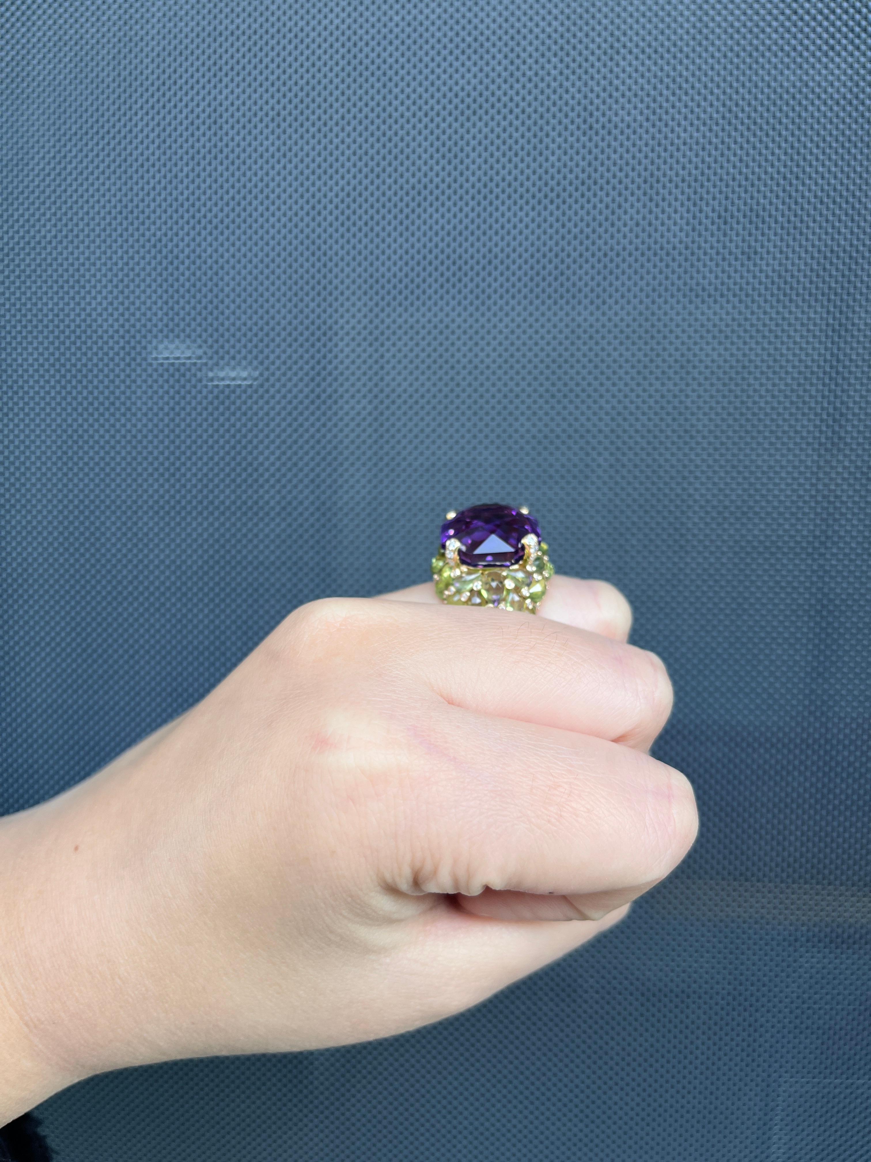 Anillo Art Decó 18,68 quilates amatista peridoto diamante en oro amarillo de 14 quilates en venta 2