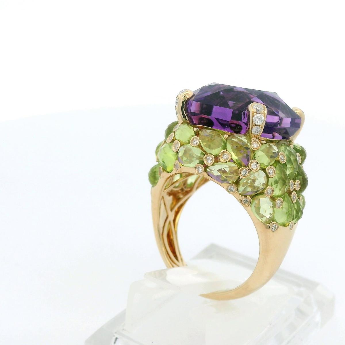 Anillo Art Decó 18,68 quilates amatista peridoto diamante en oro amarillo de 14 quilates en venta 4