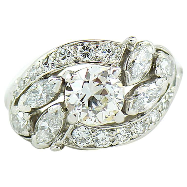 Art Deco 1.88 Carat I,VS1 Diamond Cluster Halo Platinum Engagement Ring