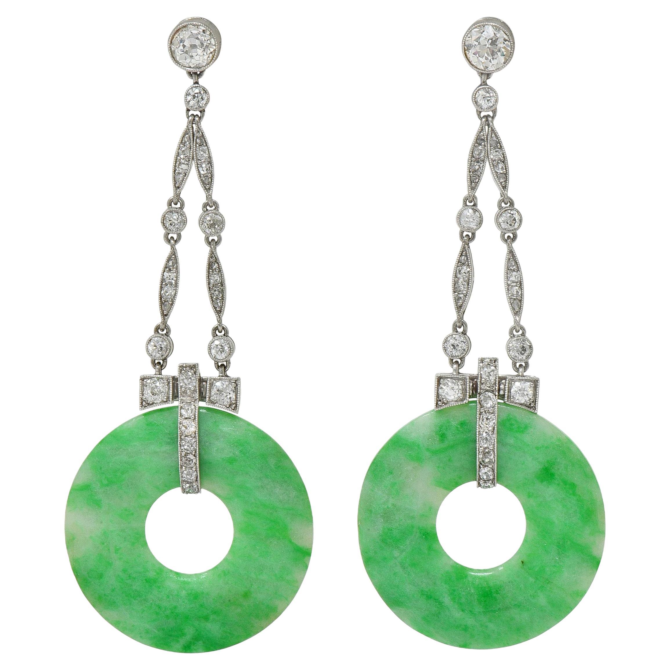 Art Deco 1.88 CTW Diamond Carved Jade Platinum Vintage Drop Earrings