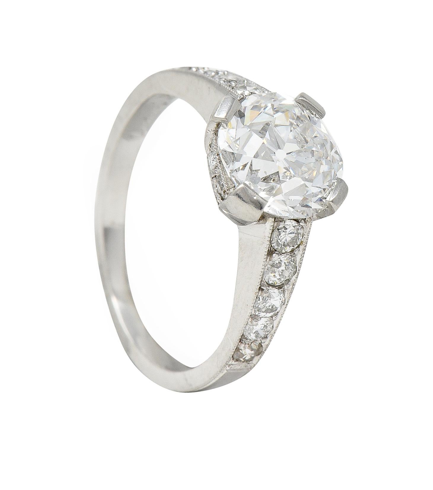 Round Cut Art Deco 1.88 CTW Old European Cut Diamond Platinum Vintage Engagement Ring For Sale