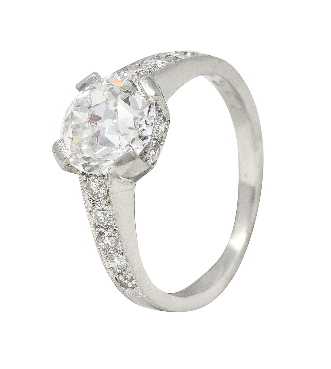 Art Deco 1.88 CTW Old European Cut Diamond Platinum Vintage Engagement Ring For Sale 2