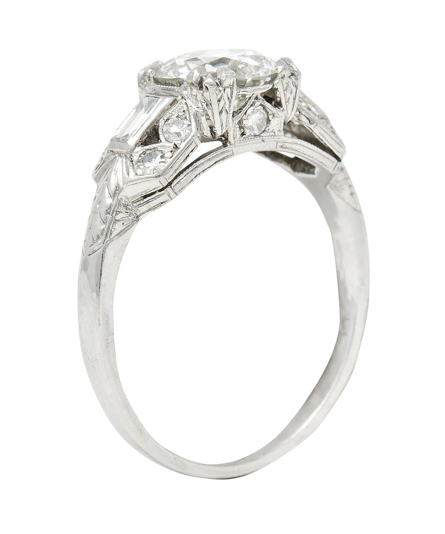 Art Deco 1.88 Ctw Old European Cut Diamond Platinum Wheat Engagement Ring For Sale 6