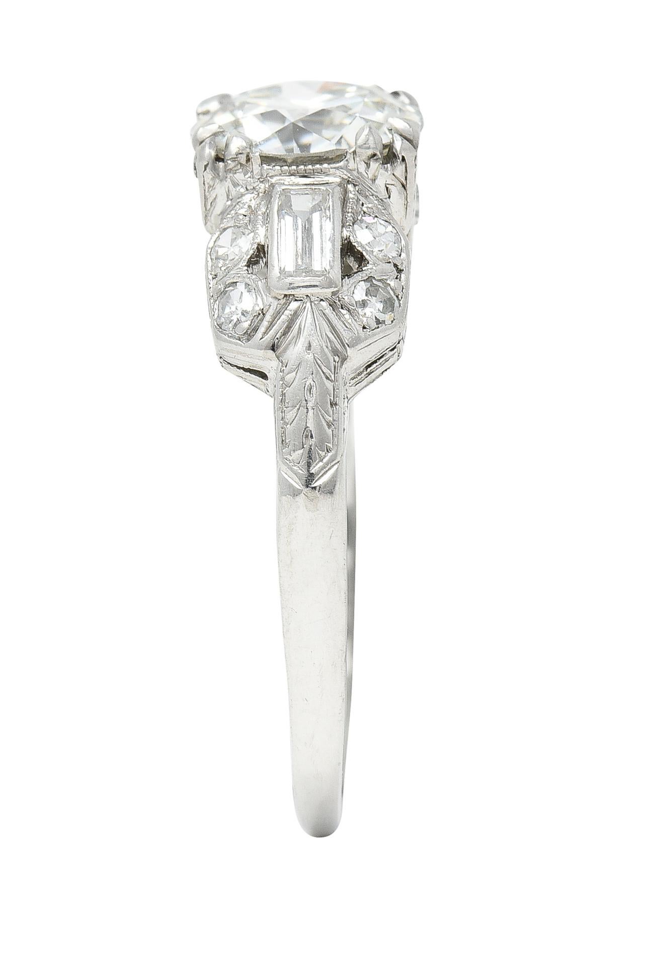 Art Deco 1.88 Ctw Old European Cut Diamond Platinum Wheat Engagement Ring For Sale 7