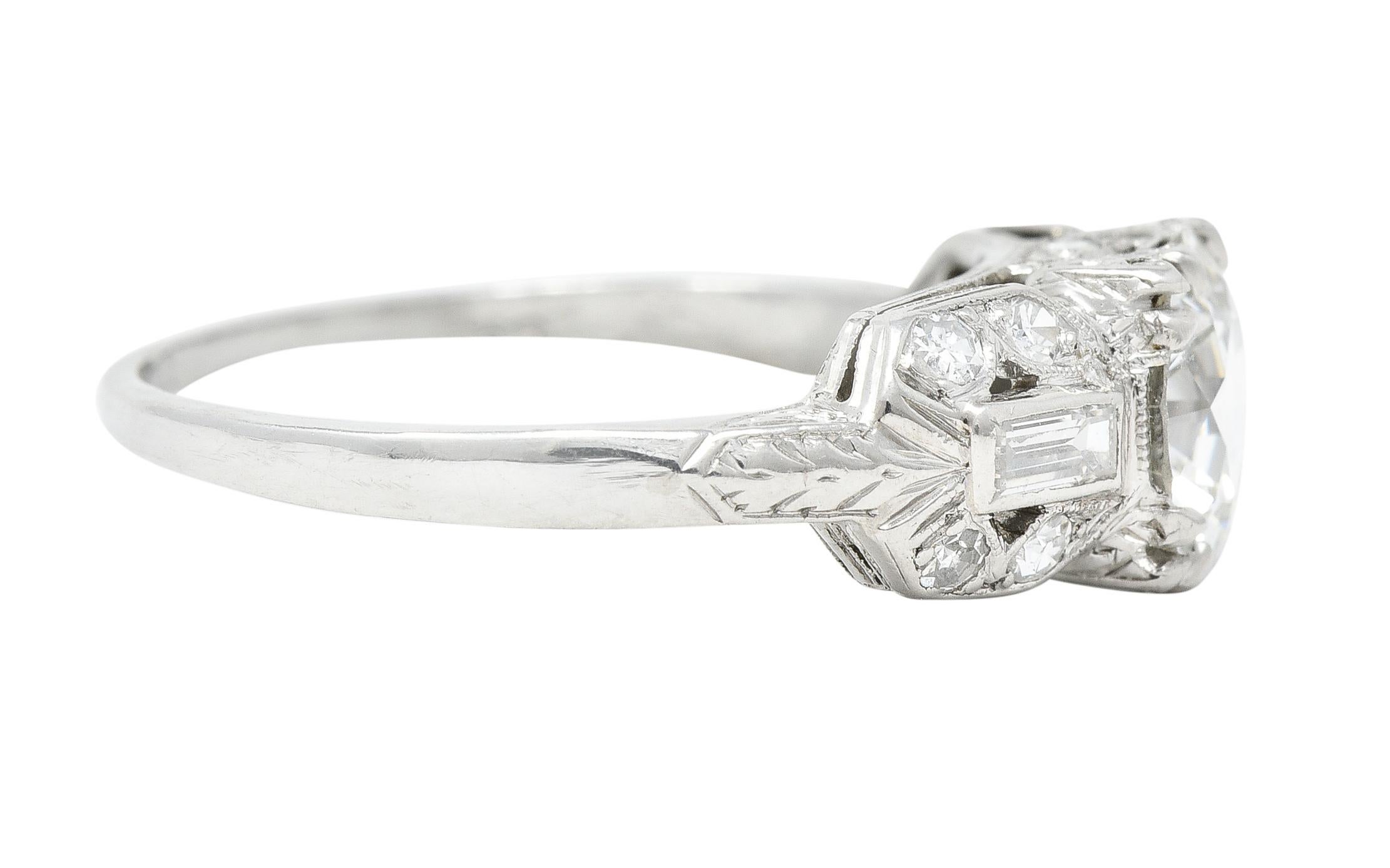 Art Deco 1.88 Ctw Old European Cut Diamond Platinum Wheat Engagement Ring In Excellent Condition For Sale In Philadelphia, PA