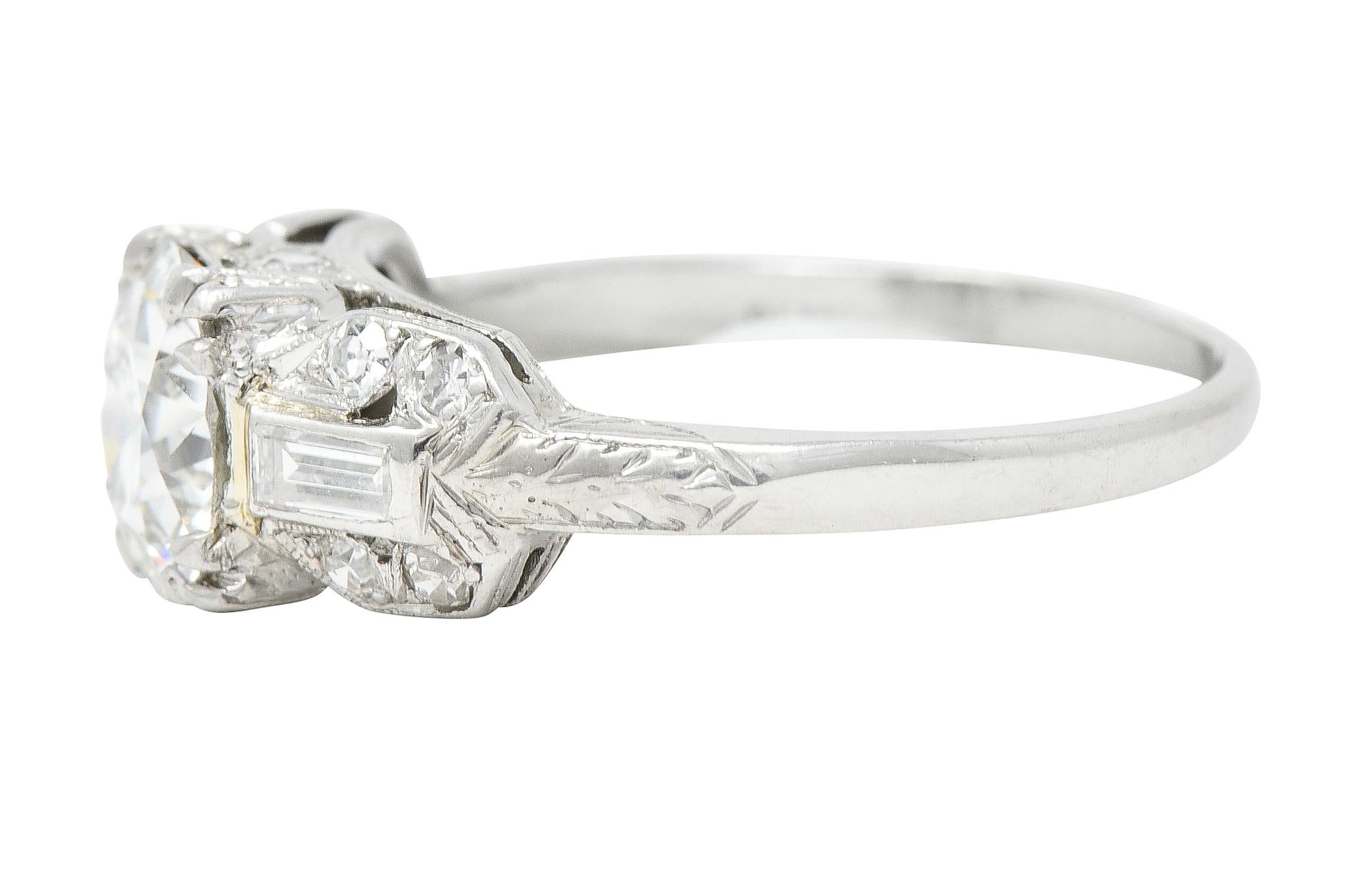 Art Deco 1.88 Ctw Old European Cut Diamond Platinum Wheat Engagement Ring For Sale 1
