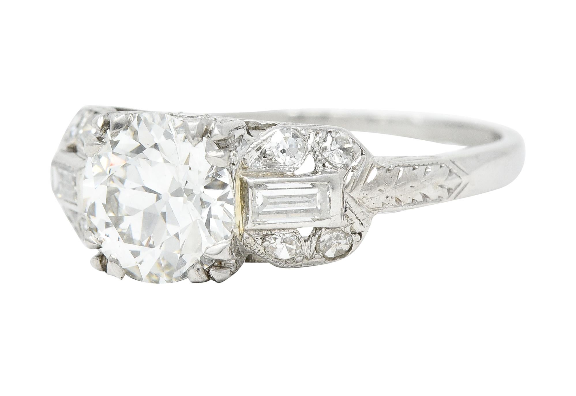 Art Deco 1.88 Ctw Old European Cut Diamond Platinum Wheat Engagement Ring For Sale 2