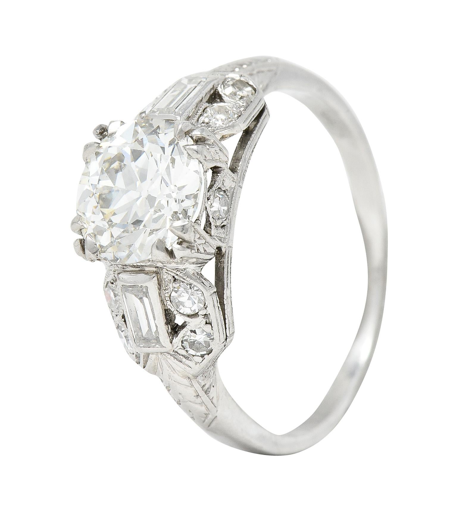 Art Deco 1.88 Ctw Old European Cut Diamond Platinum Wheat Engagement Ring For Sale 4