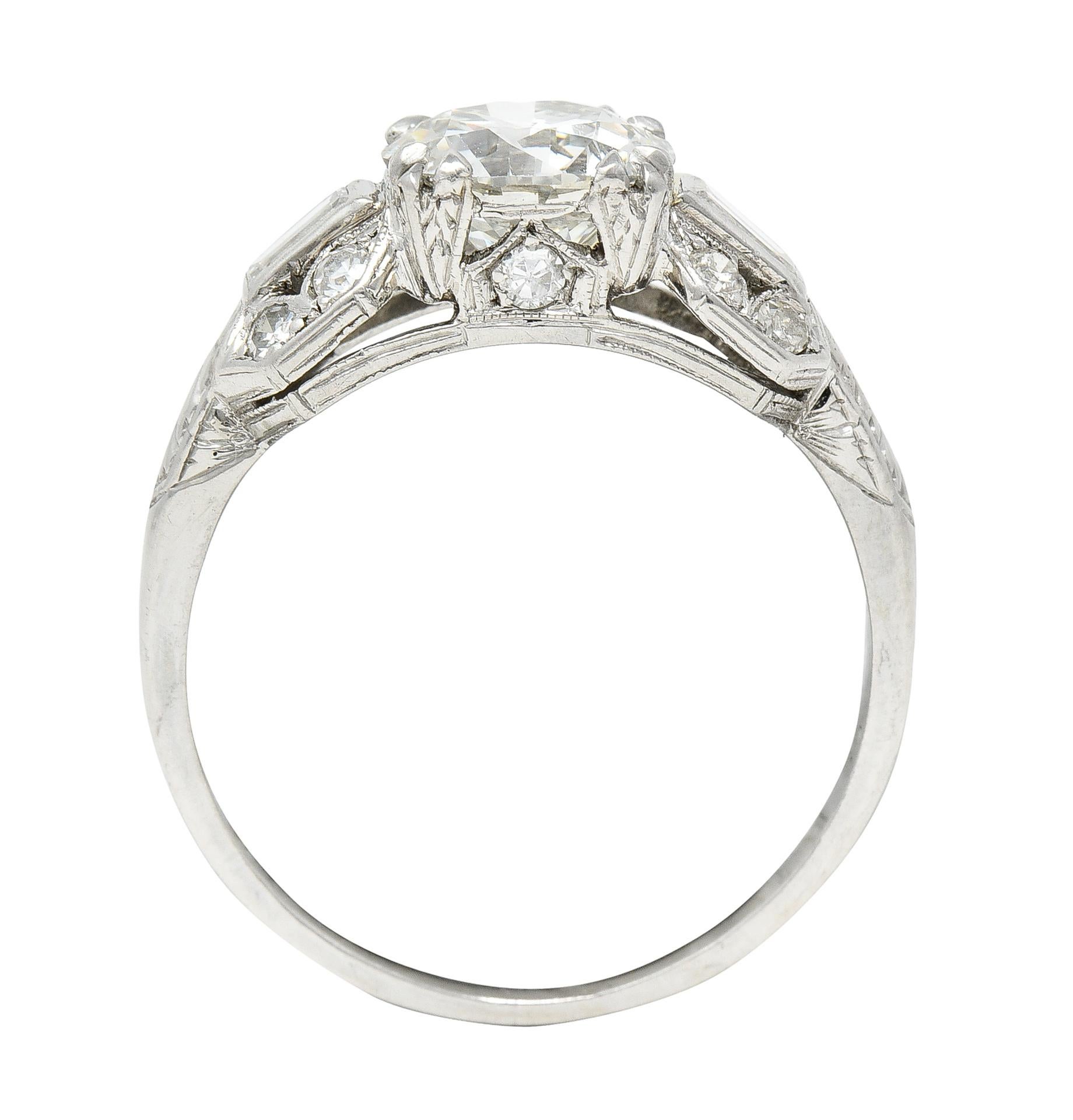 Art Deco 1.88 Ctw Old European Cut Diamond Platinum Wheat Engagement Ring For Sale 5