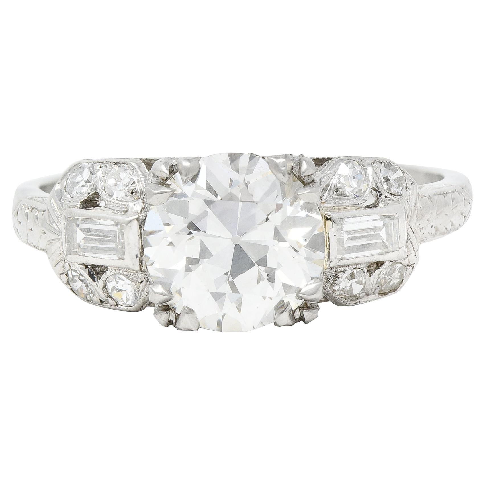 Art Deco 1.88 Ctw Old European Cut Diamond Platinum Wheat Engagement Ring For Sale