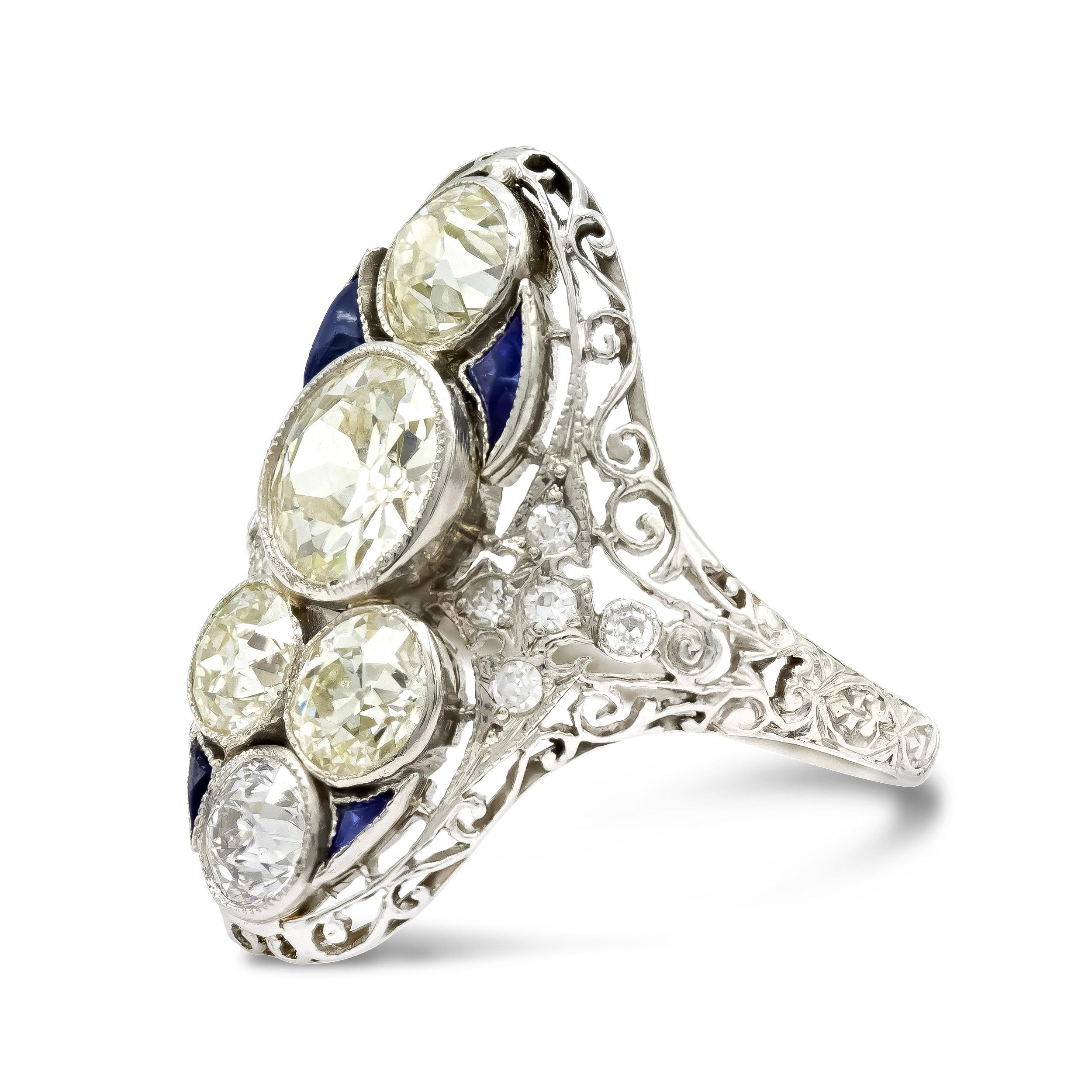 You certainly don’t need a drink—or occasion—to show off this inimitable Art Deco cocktail ring. A bright, colorless 1.15 ct. old European diamond with a spectacular spread and distinct, flowery facet scintillates at the center and is accented by an
