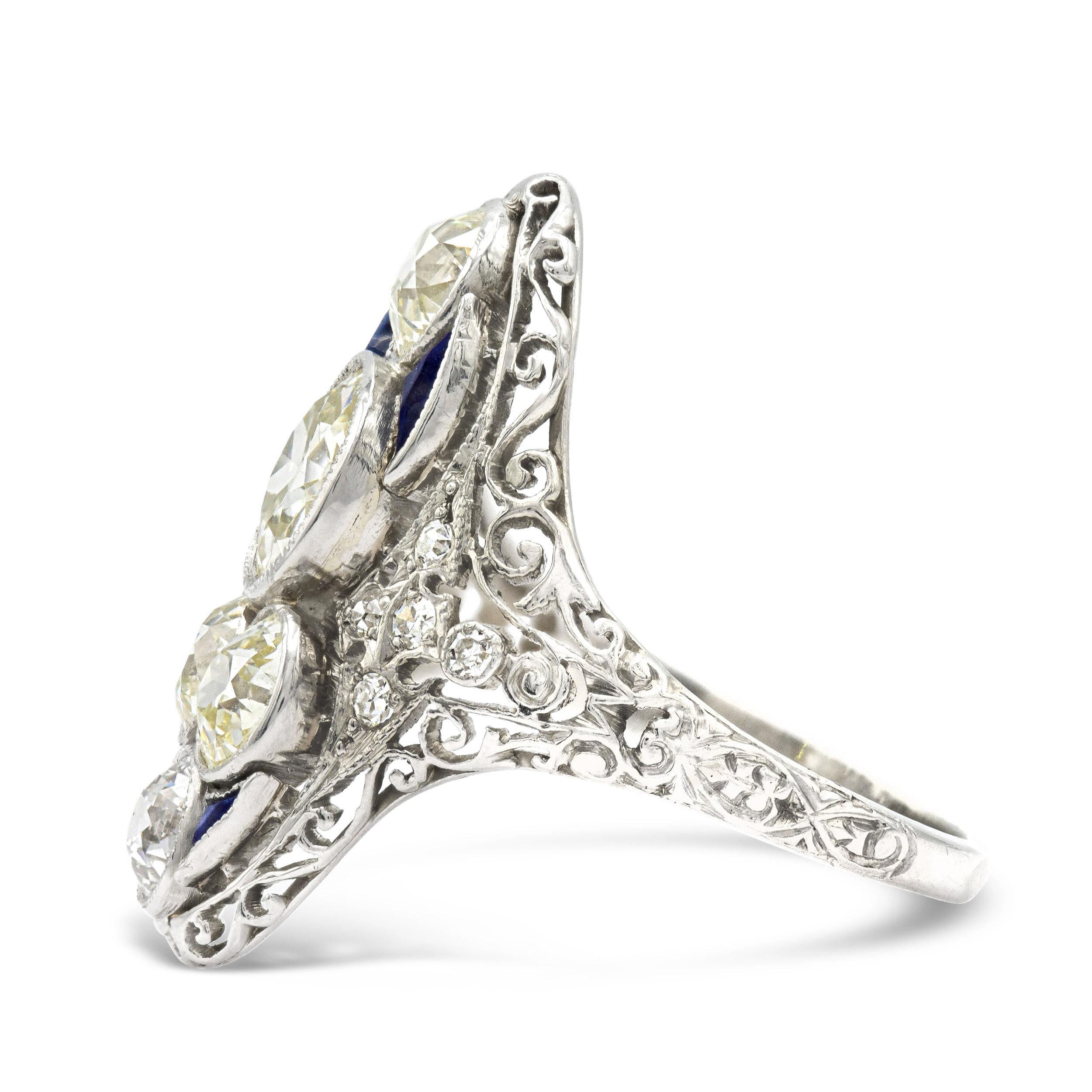 Old European Cut Art Deco 1.89 Ct. Diamond and Sapphire Filigree Platinum Cocktail Ring For Sale