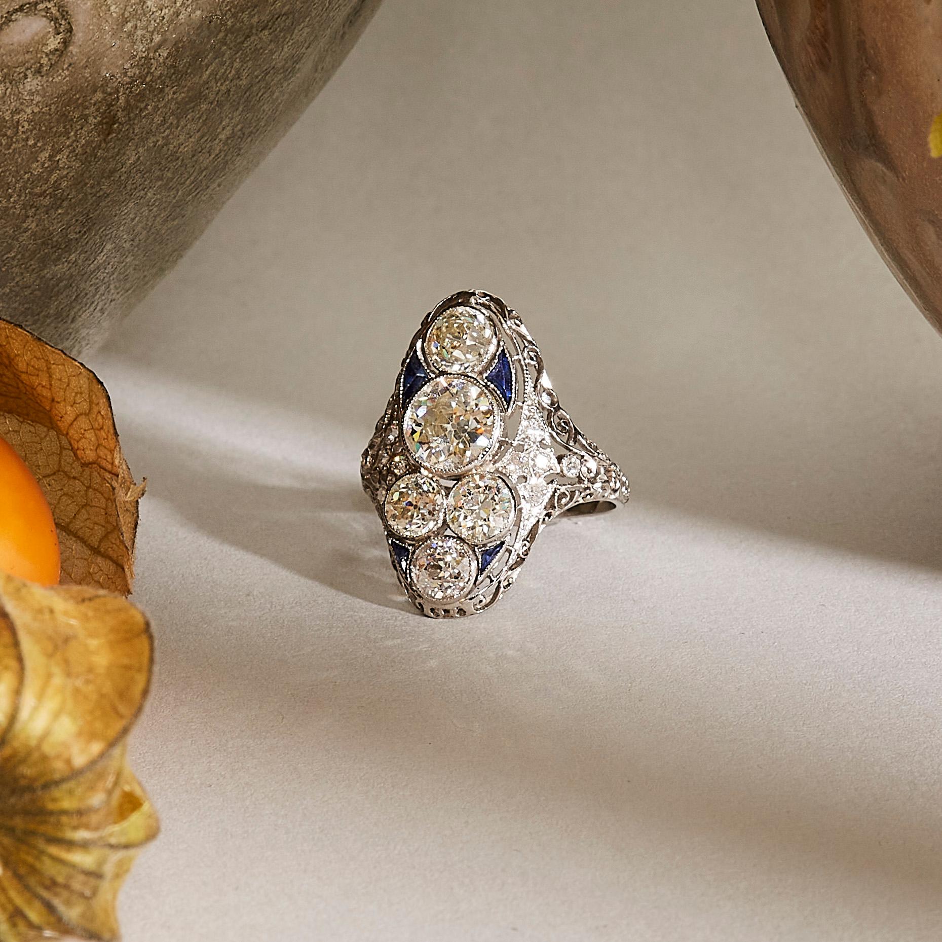 Art Deco 1.89 Ct. Diamond and Sapphire Filigree Platinum Cocktail Ring For Sale 1