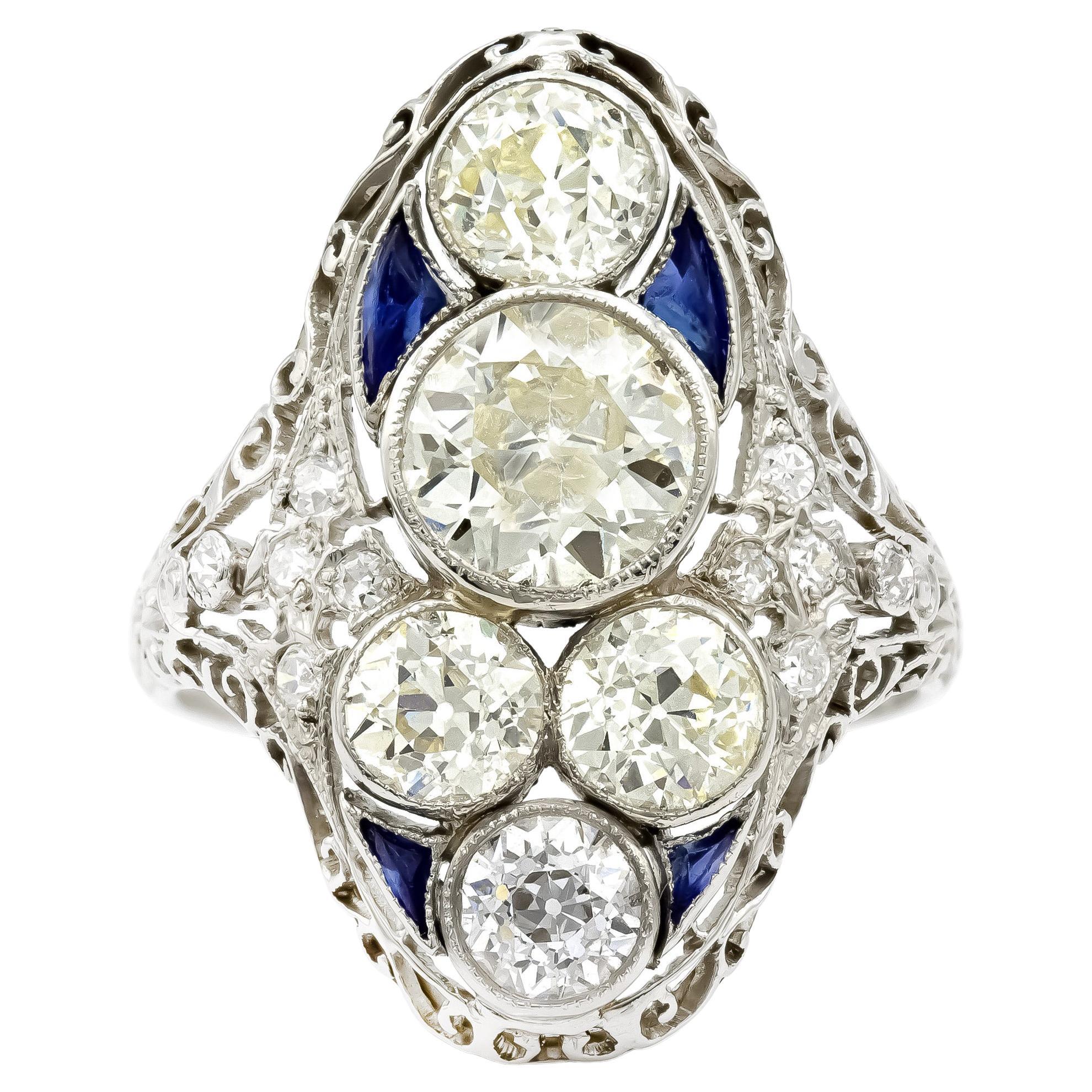 Art Deco 1.89 Ct. Diamond and Sapphire Filigree Platinum Cocktail Ring For Sale