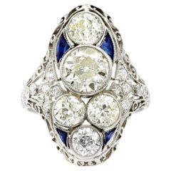 Antique Art Deco 1.89 Ct. Diamond and Sapphire Filigree Platinum Cocktail Ring