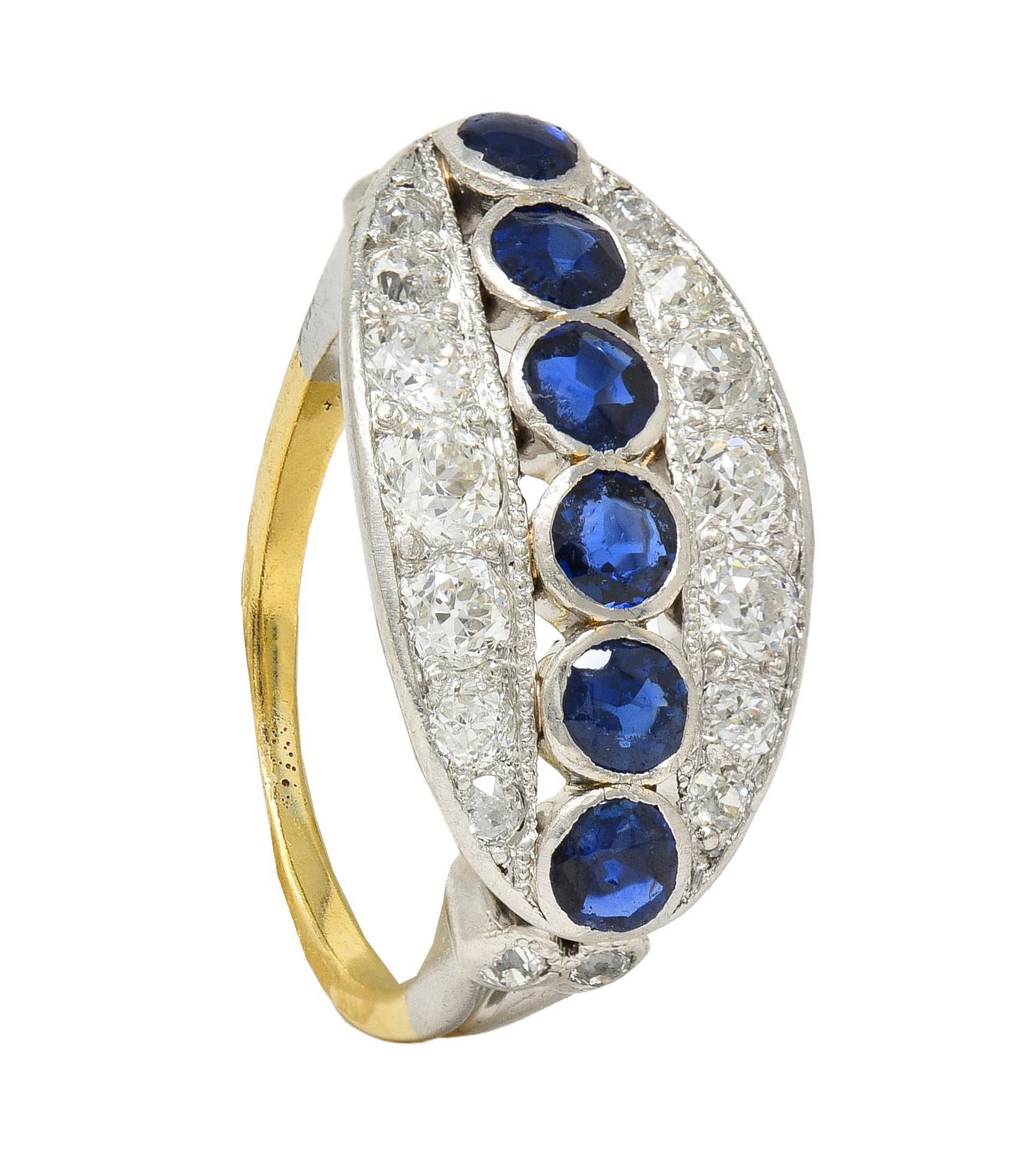Bague jonc vintage Art déco en or 18 carats, platine, diamants et saphir de 1,89 carat en vente 6