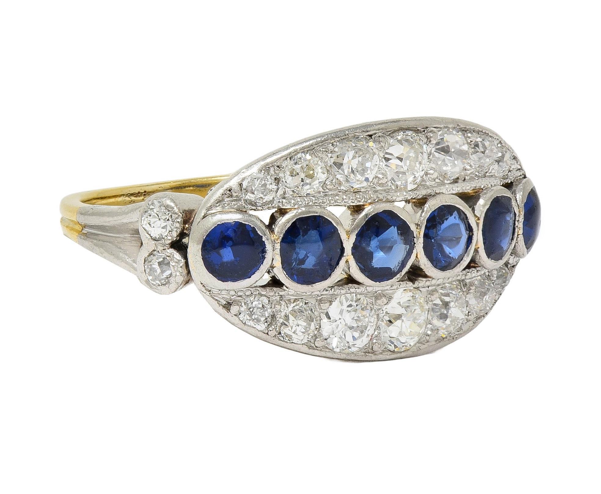 Taille ronde Bague jonc vintage Art déco en or 18 carats, platine, diamants et saphir de 1,89 carat en vente
