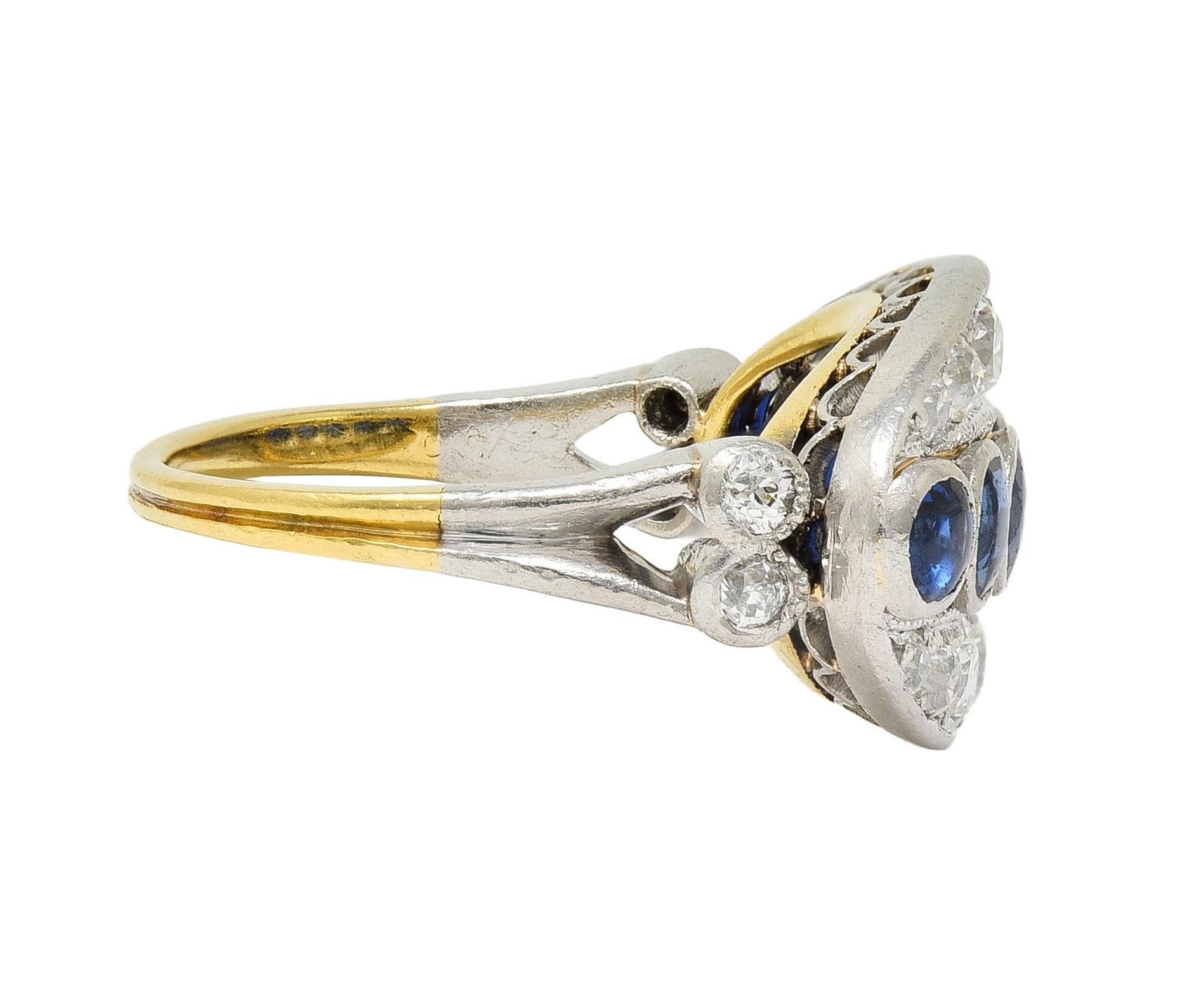Bague jonc vintage Art déco en or 18 carats, platine, diamants et saphir de 1,89 carat Excellent état - En vente à Philadelphia, PA