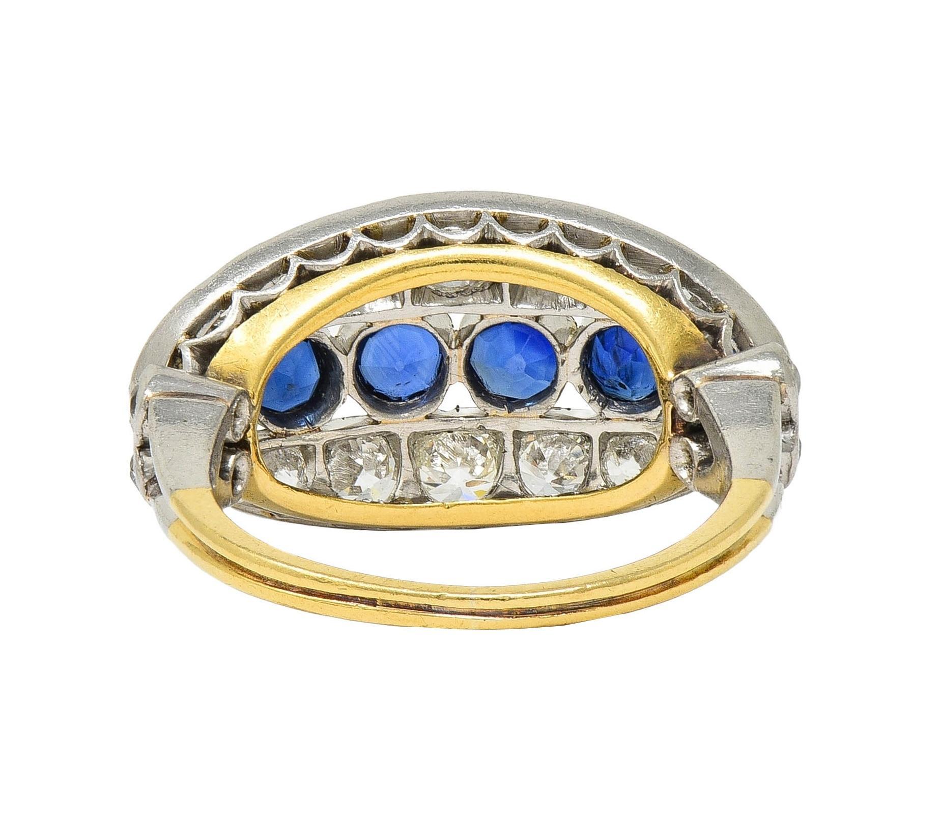 Bague jonc vintage Art déco en or 18 carats, platine, diamants et saphir de 1,89 carat Unisexe en vente
