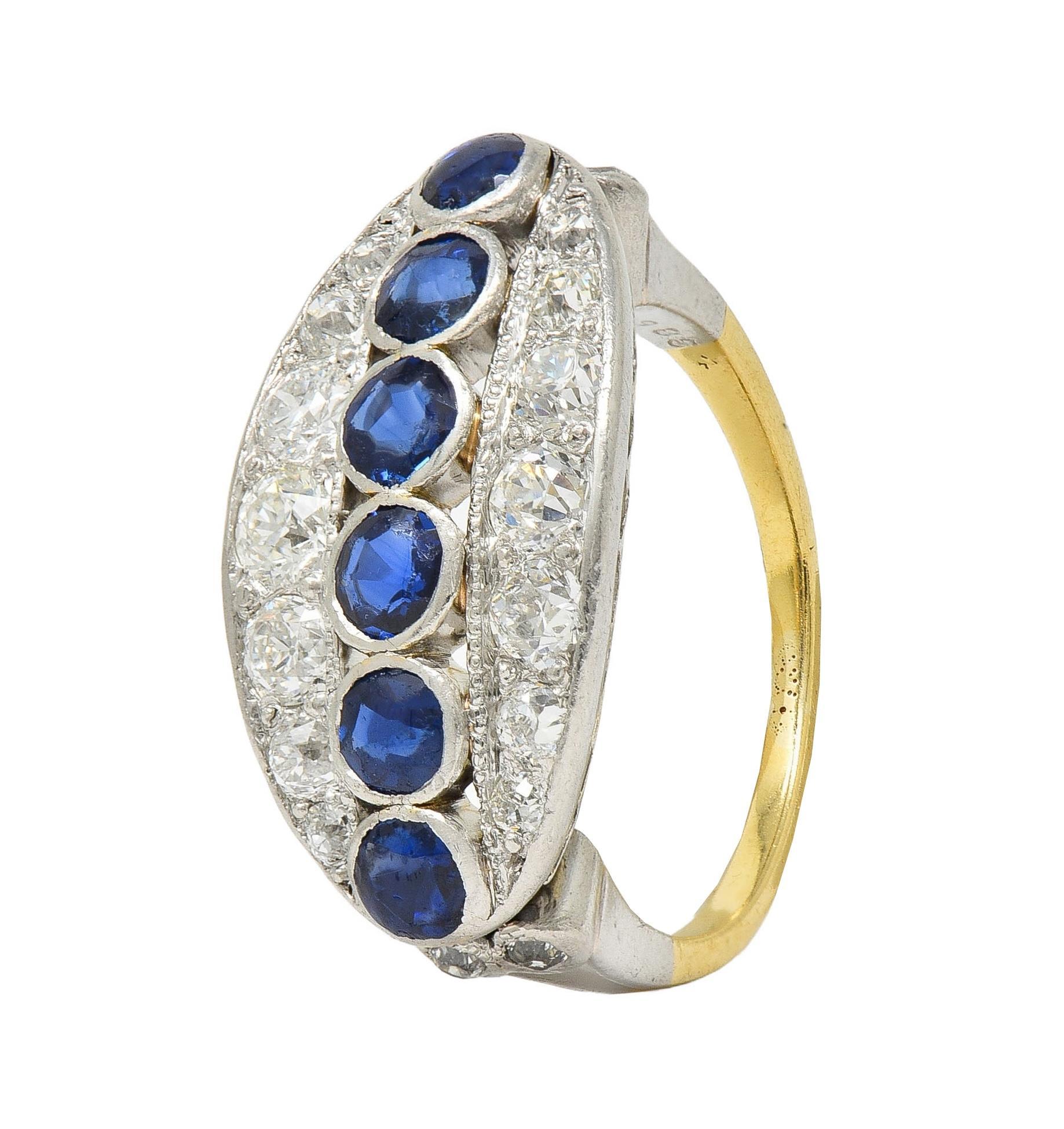 Bague jonc vintage Art déco en or 18 carats, platine, diamants et saphir de 1,89 carat en vente 4