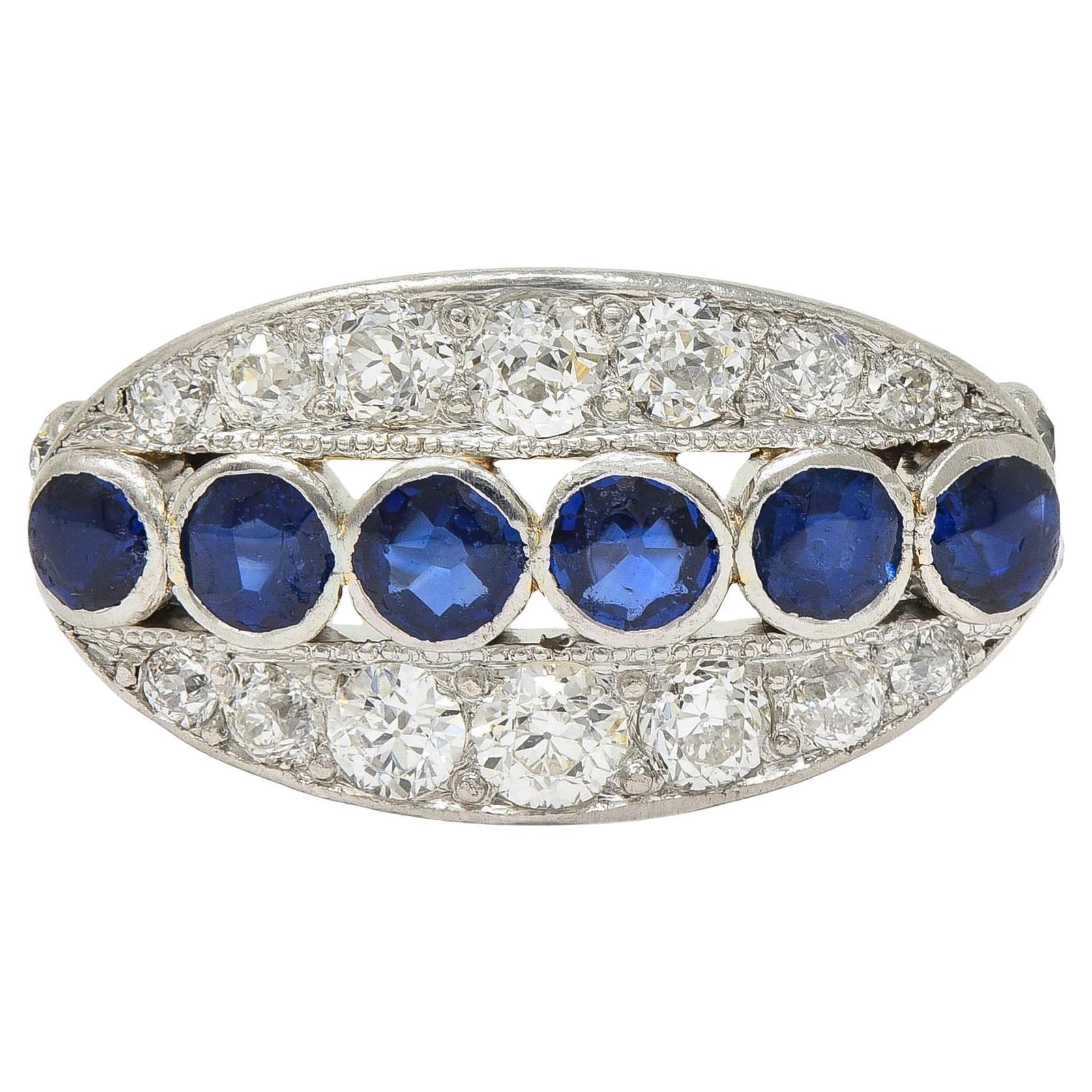 Art Deco 1.89 CTW Zafiro Diamante Platino Oro 18 Kilates Anillo Vintage