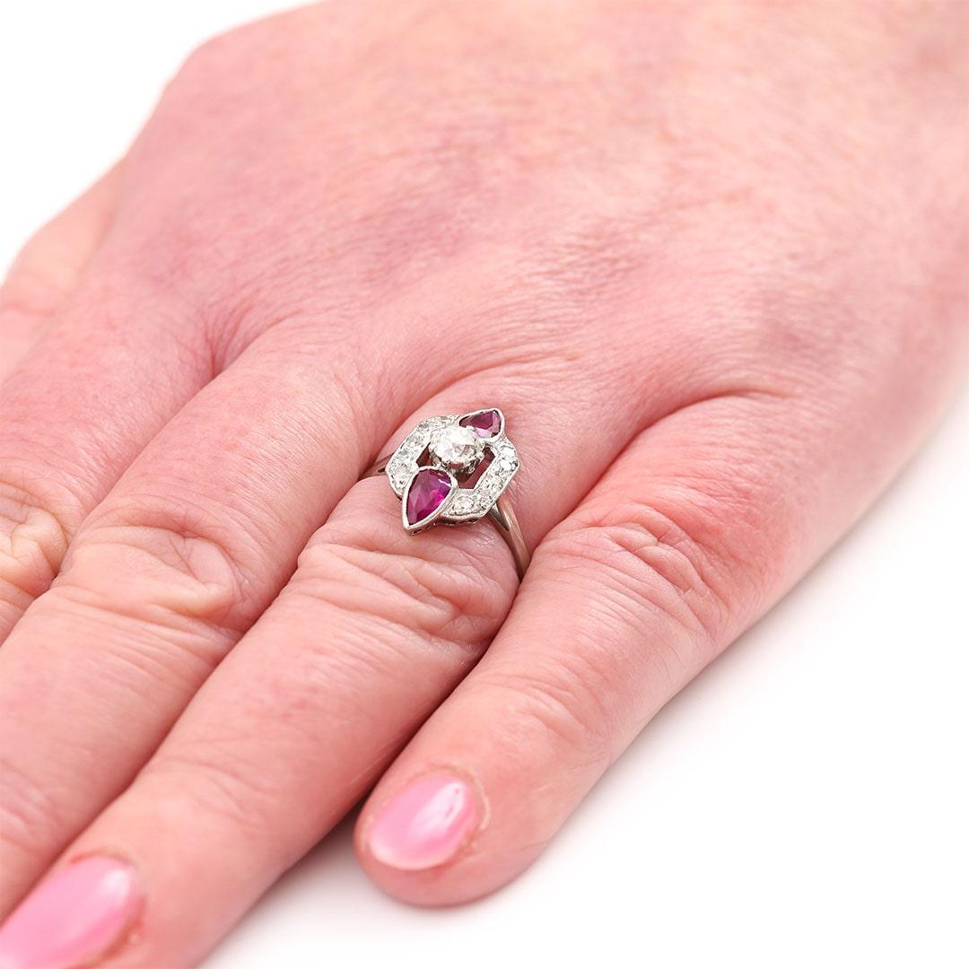 Art Deco 18ct Gold and Platinum Pear Cut Ruby & Old Cut Diamond Ring, Circa 1920 For Sale 8