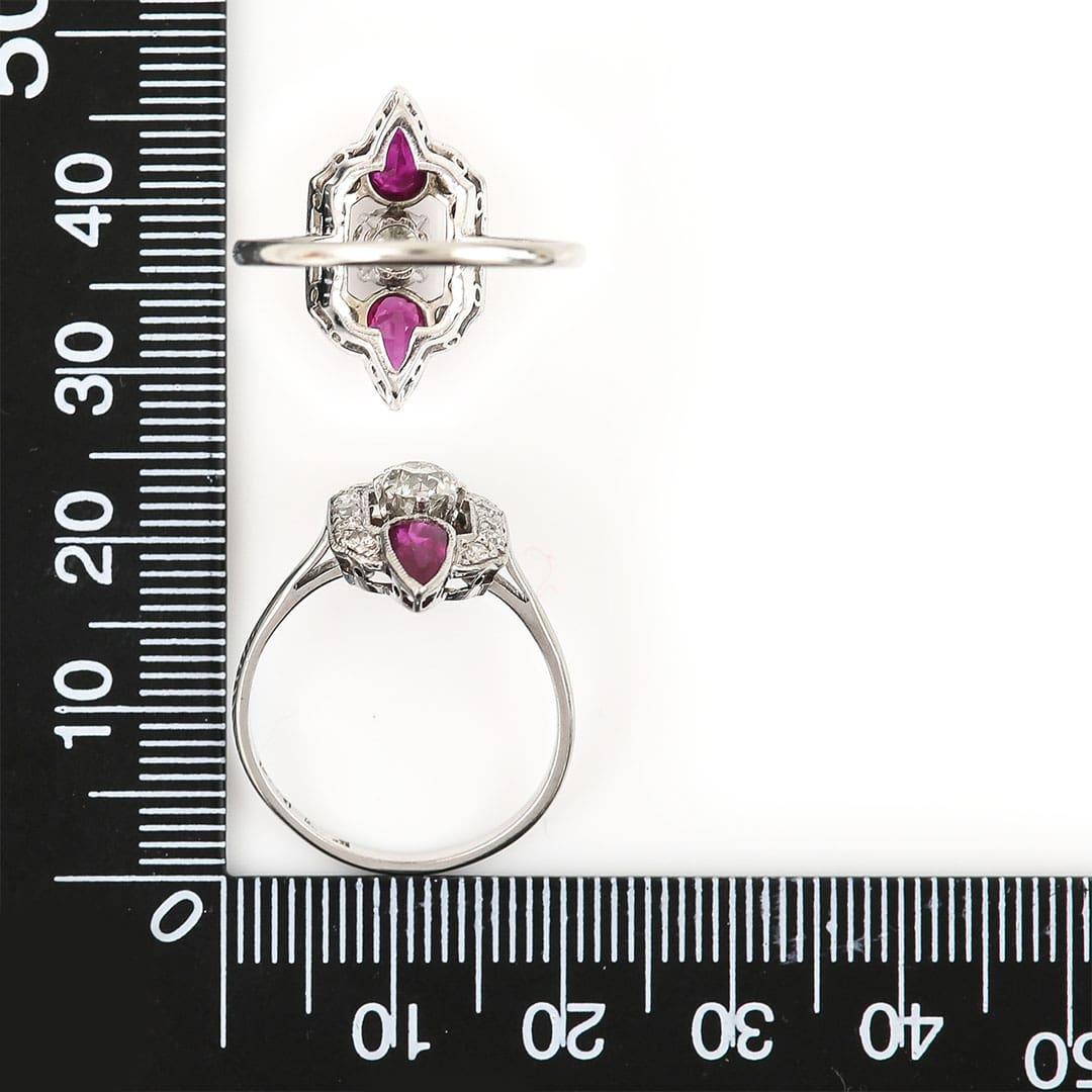 Art Deco 18ct Gold and Platinum Pear Cut Ruby & Old Cut Diamond Ring, Circa 1920 For Sale 9