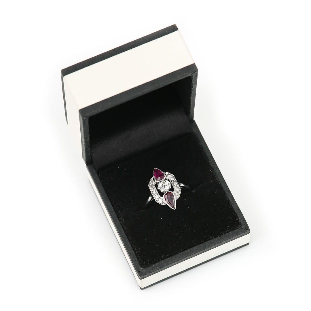 Art Deco 18ct Gold and Platinum Pear Cut Ruby & Old Cut Diamond Ring, Circa 1920 For Sale 10