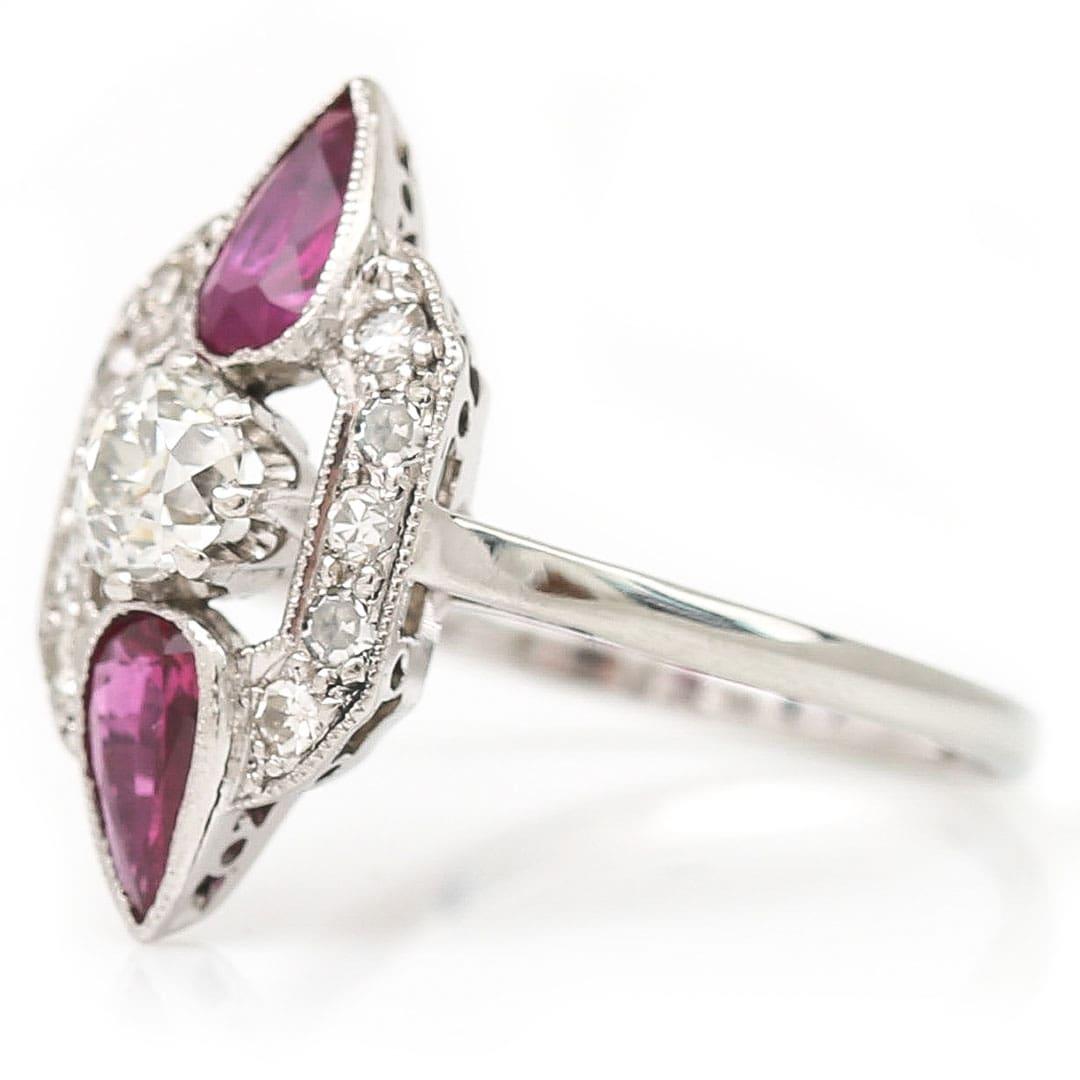 Art Deco 18ct Gold and Platinum Pear Cut Ruby & Old Cut Diamond Ring, Circa 1920 In Good Condition For Sale In Lancashire, Oldham