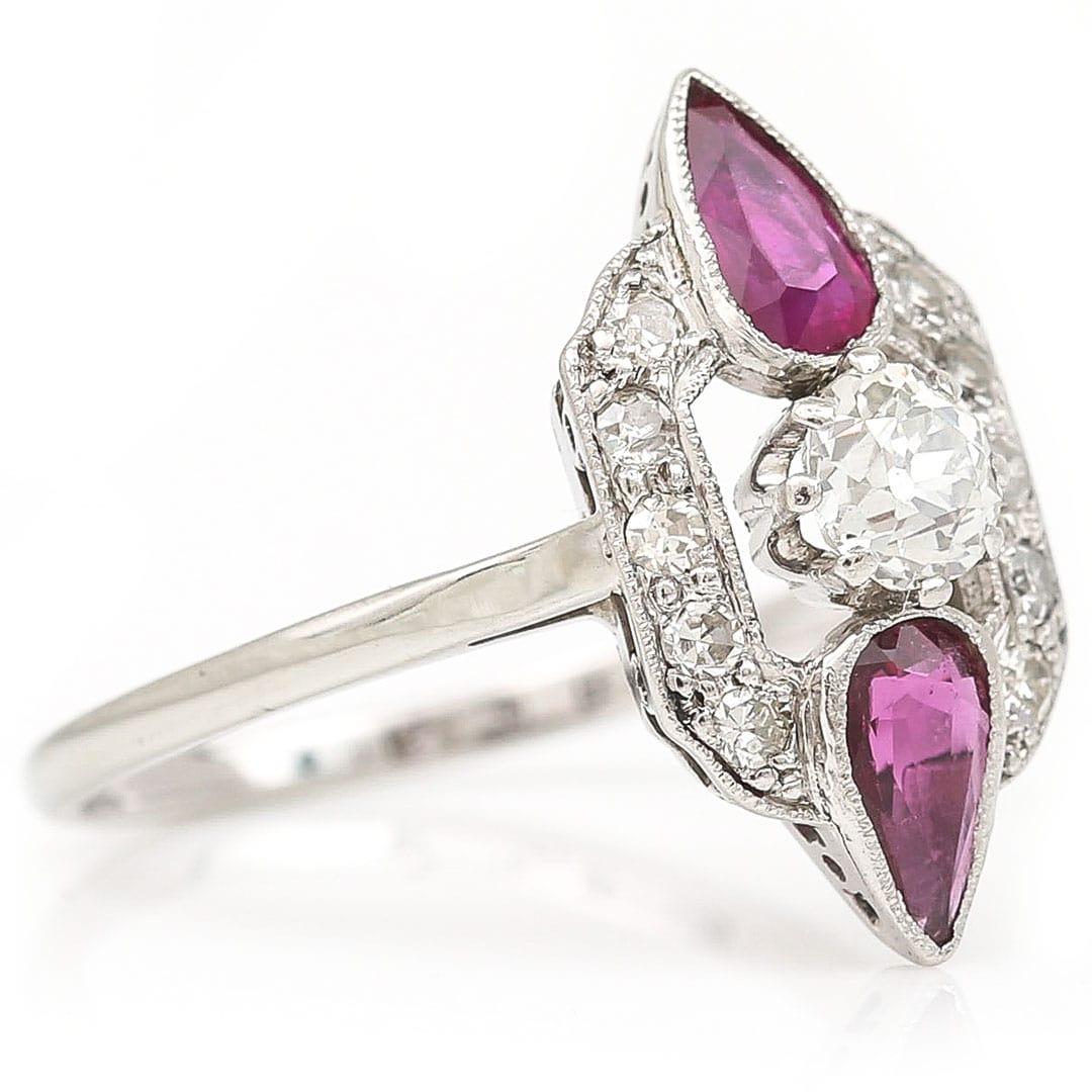 Art Deco 18ct Gold and Platinum Pear Cut Ruby & Old Cut Diamond Ring, Circa 1920 For Sale 1