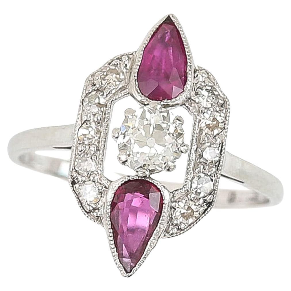 Art Deco 18ct Gold and Platinum Pear Cut Ruby & Old Cut Diamond Ring, Circa 1920 For Sale