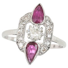 Antique Art Deco 18ct Gold and Platinum Pear Cut Ruby & Old Cut Diamond Ring, Circa 1920