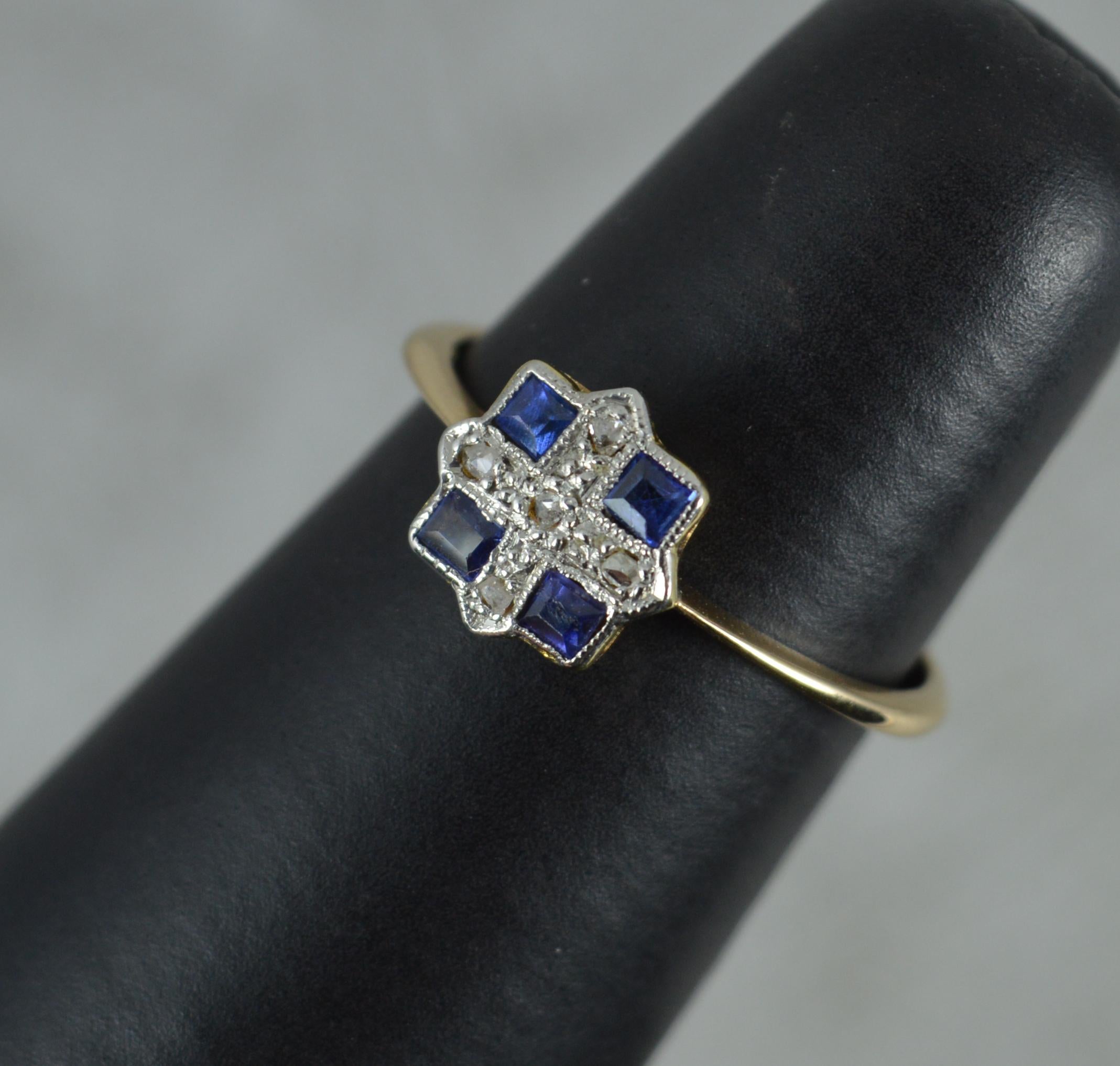 Art Deco 18ct Gold and Platinum Sapphire and Diamond Panel Cluster Ring 5