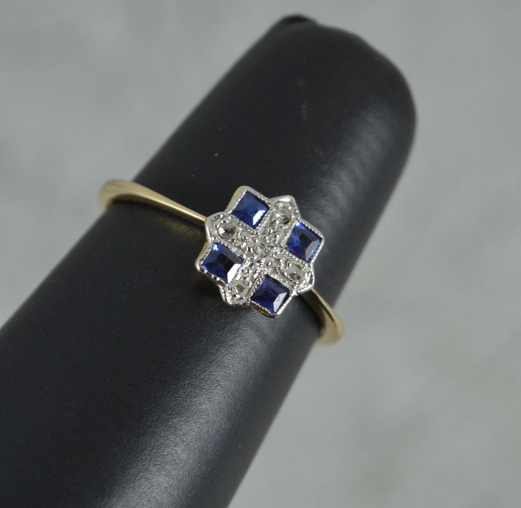 Art Deco 18ct Gold and Platinum Sapphire and Diamond Panel Cluster Ring 6