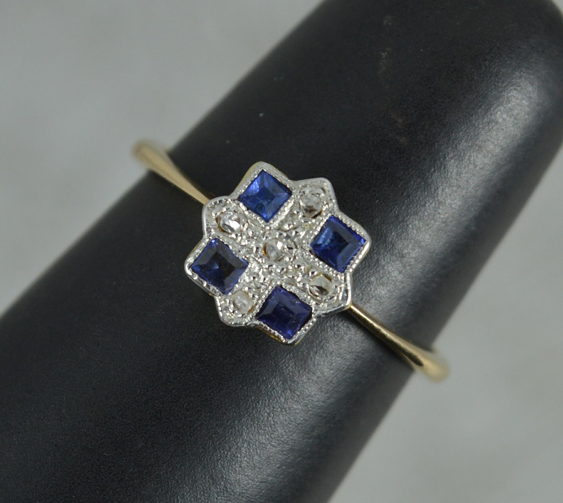 Art Deco 18ct Gold and Platinum Sapphire and Diamond Panel Cluster Ring 7