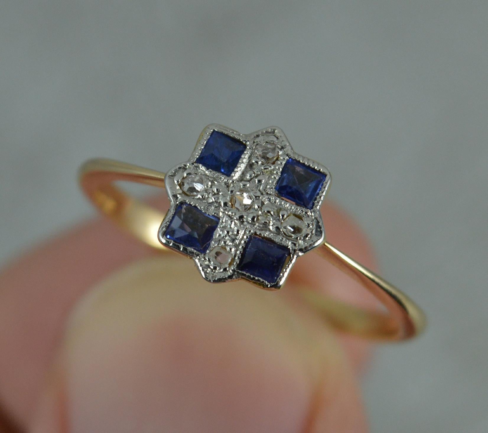 Women's Art Deco 18ct Gold and Platinum Sapphire and Diamond Panel Cluster Ring