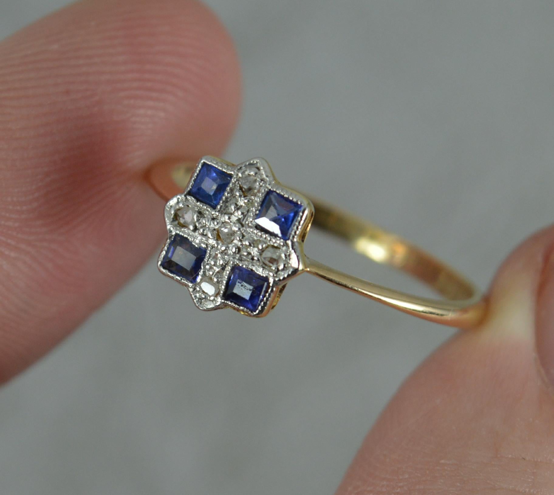 Art Deco 18ct Gold and Platinum Sapphire and Diamond Panel Cluster Ring 1