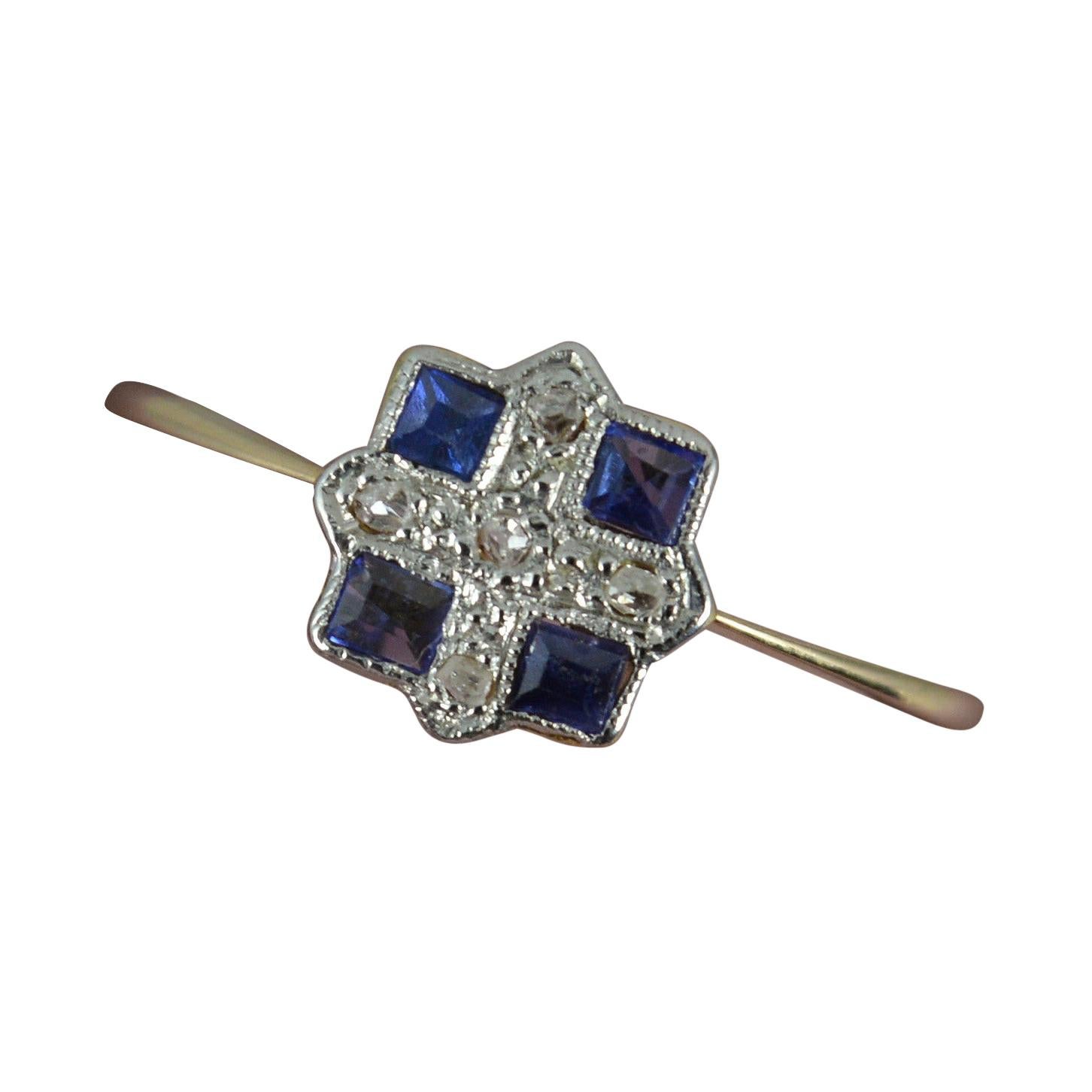 Art Deco 18ct Gold and Platinum Sapphire and Diamond Panel Cluster Ring