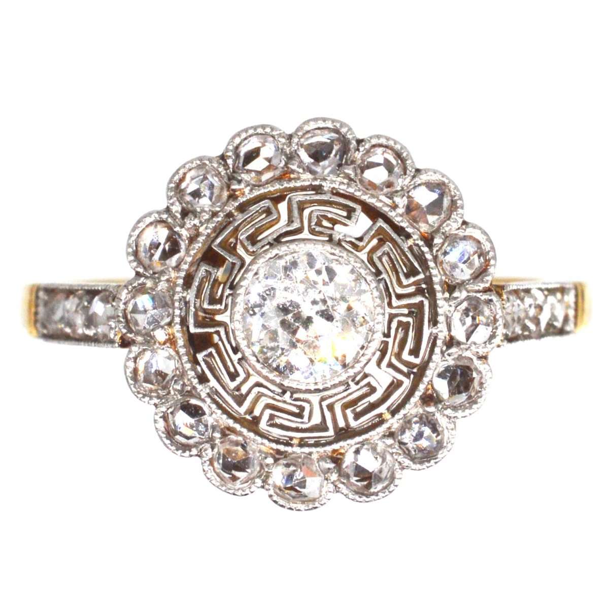 Art Deco 18ct Gold and Platinum Target Diamond Ring with Greek Key Details