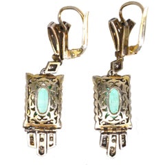 Art Deco 18ct Gold Emerald and Diamond Drop Earrings