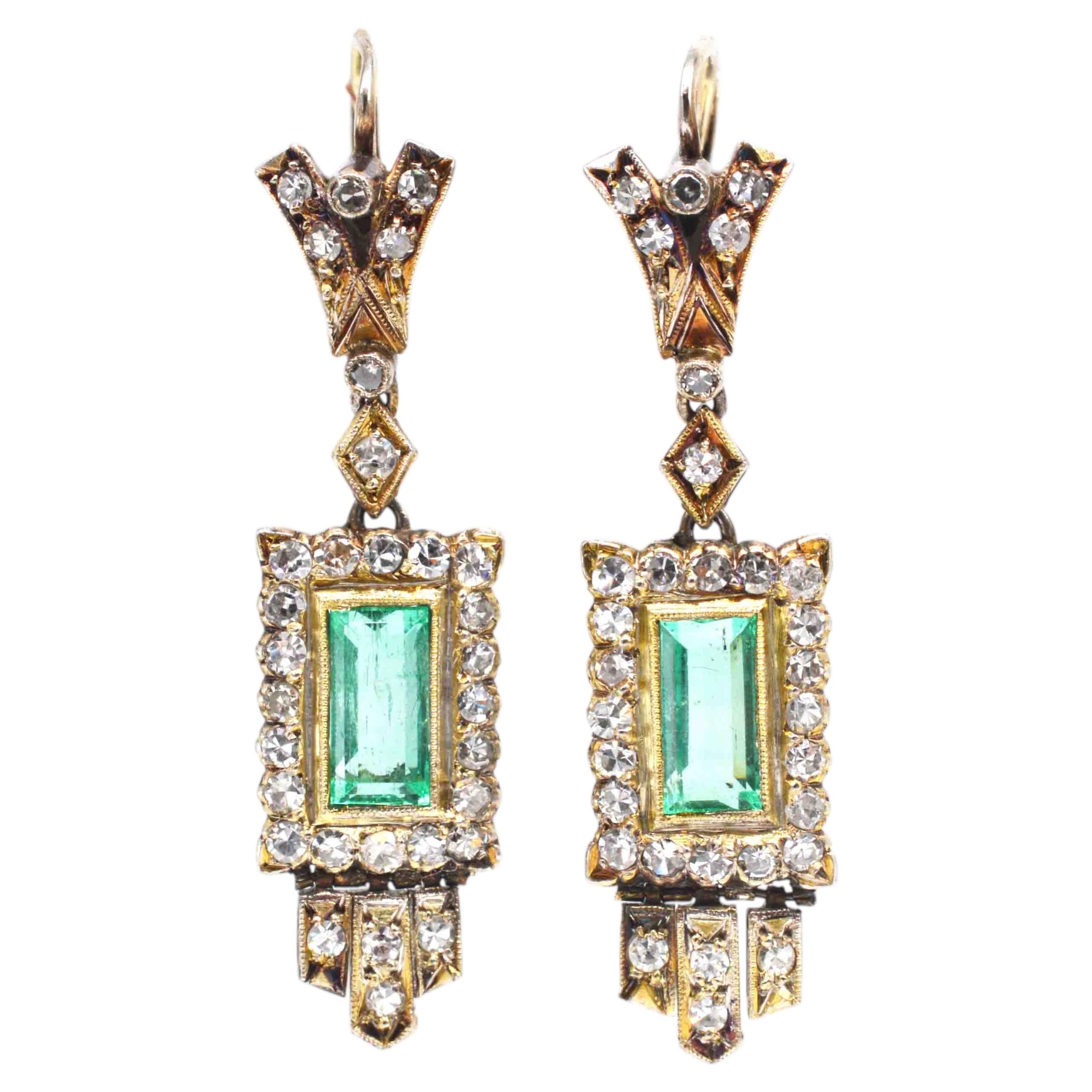 Art Deco 18ct Gold Emerald and Diamond Drop Earrings For Sale