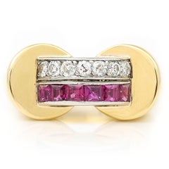 Art Deco 18ct Gold French Ruby and Diamond Tank Ring, Circa 1940