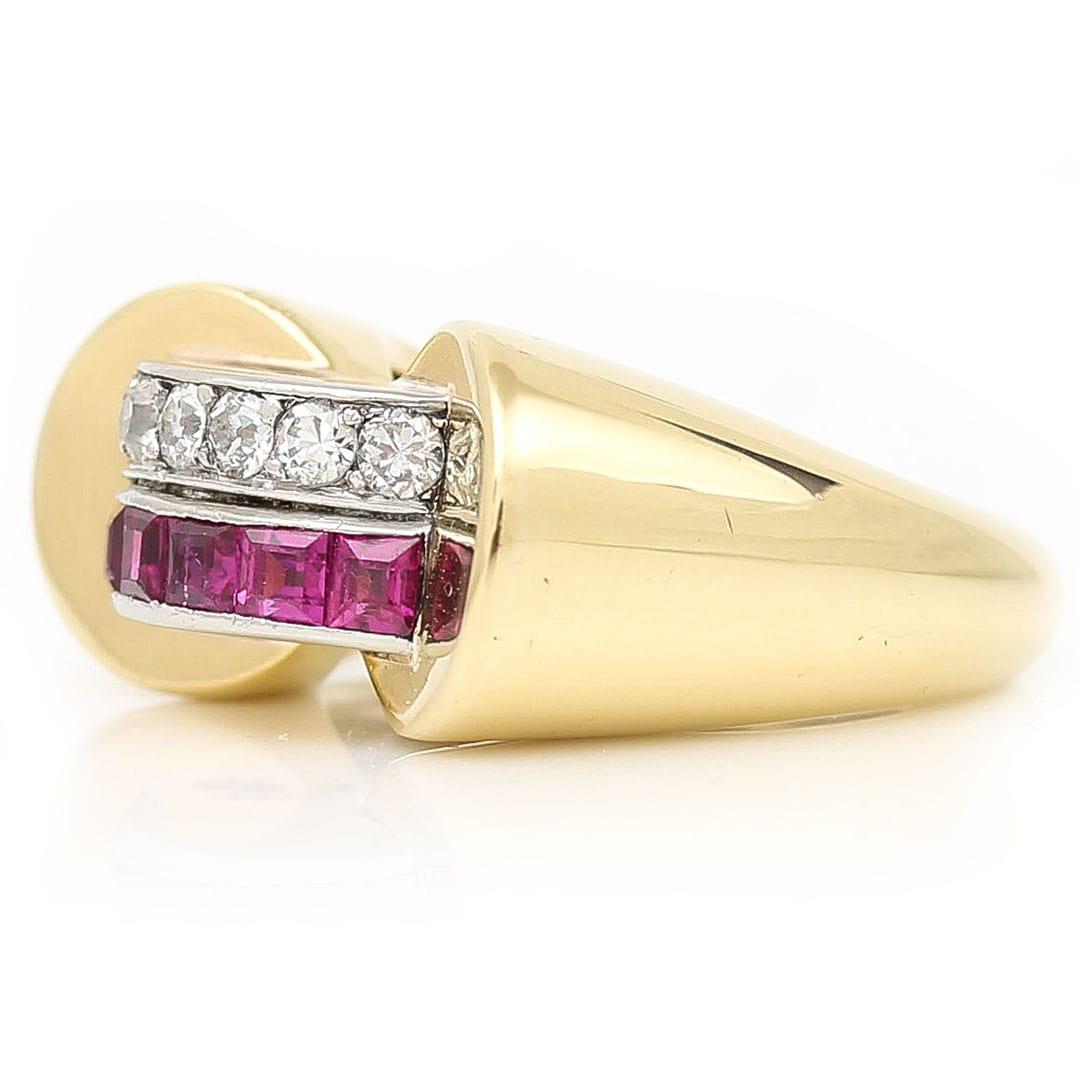 Old Mine Cut Art Deco 18ct Gold French Ruby and Diamond Tank Ring, Circa 1940 For Sale
