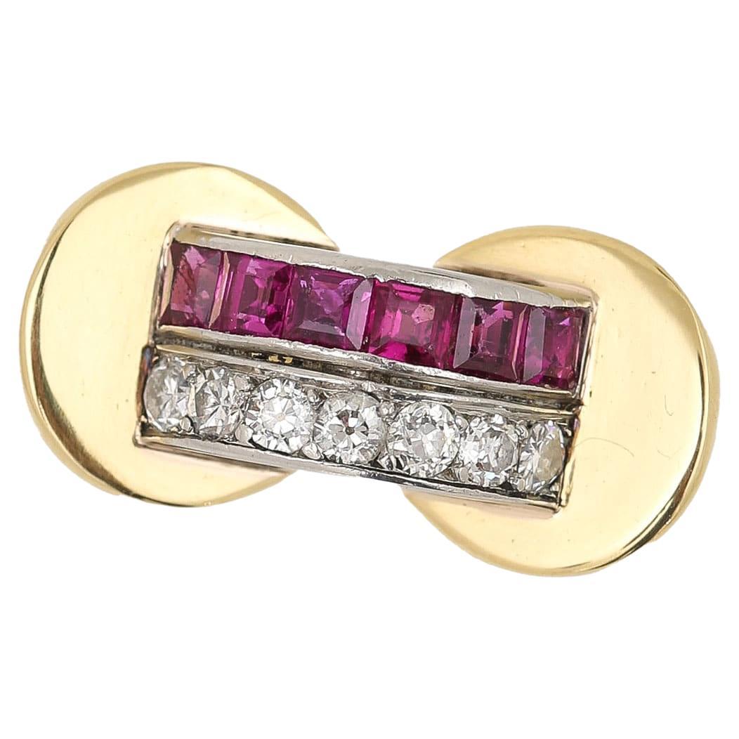 Art Deco 18ct Gold French Ruby and Diamond Tank Ring, Circa 1940 For Sale