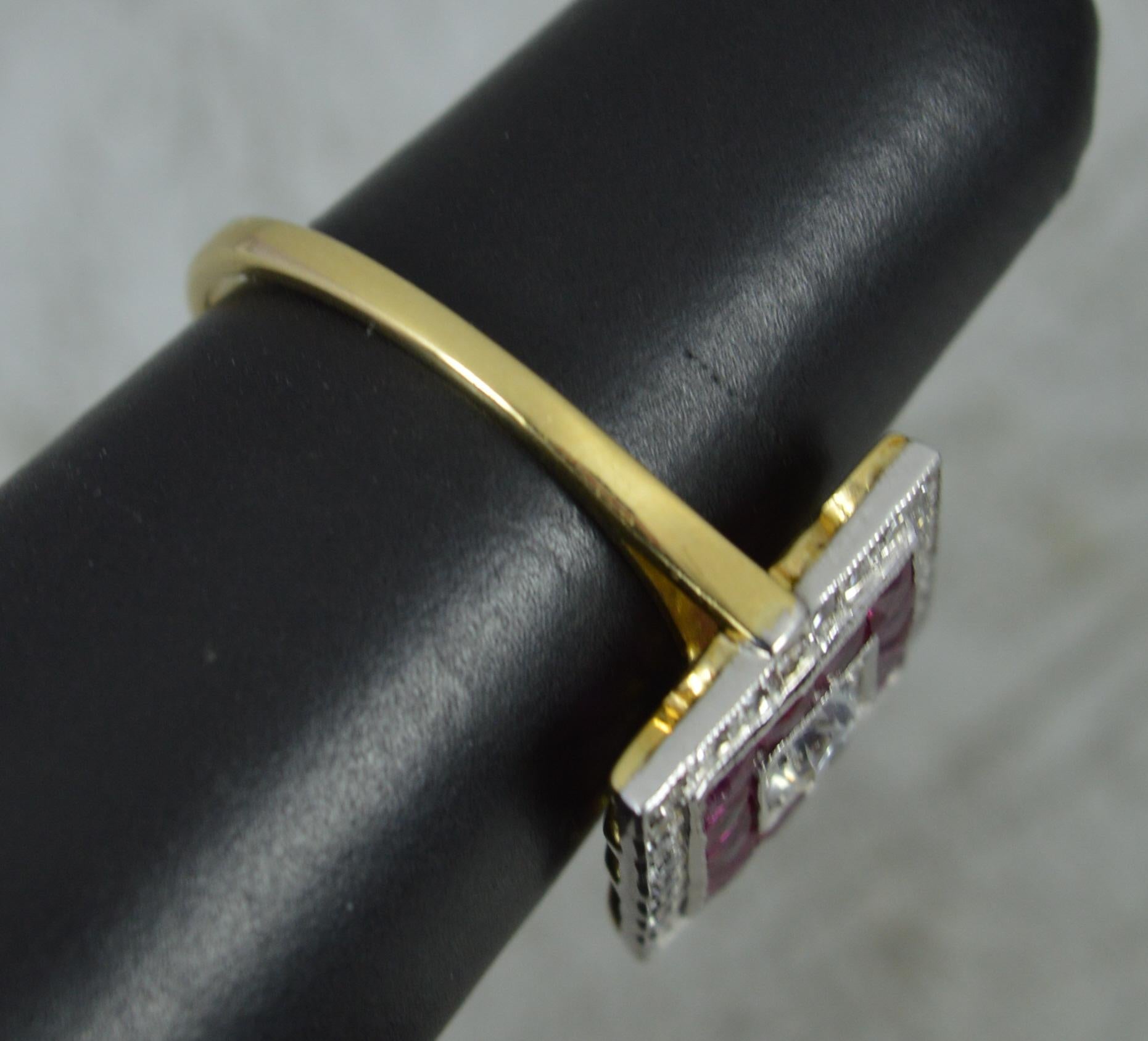 Art Deco 18ct Gold Platinum Diamond and French Cut Ruby Square Cluster Ring 5