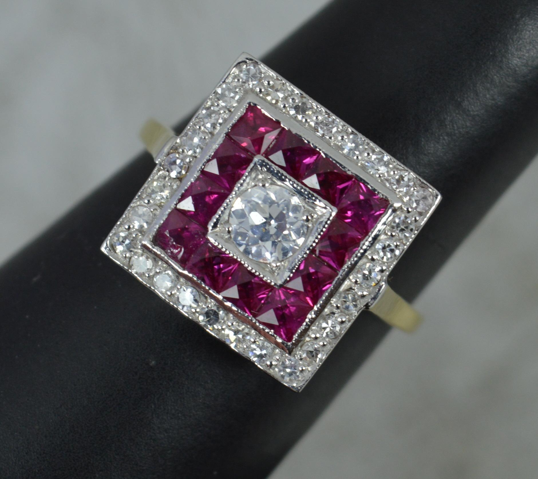 Art Deco 18ct Gold Platinum Diamond and French Cut Ruby Square Cluster Ring 6