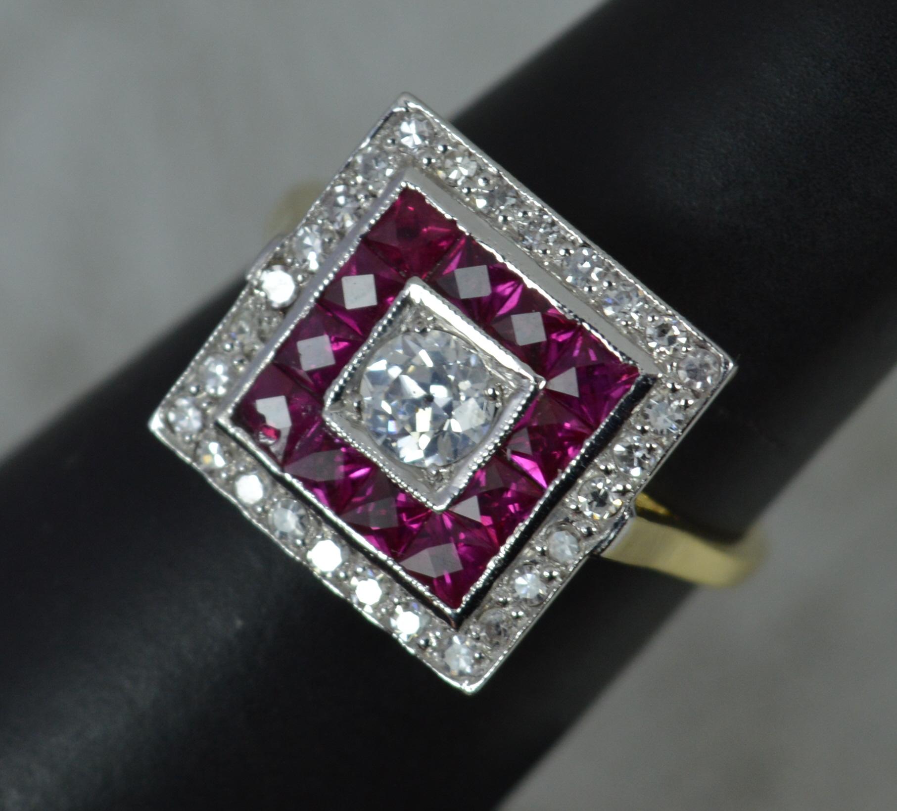 Art Deco 18ct Gold Platinum Diamond and French Cut Ruby Square Cluster Ring 7