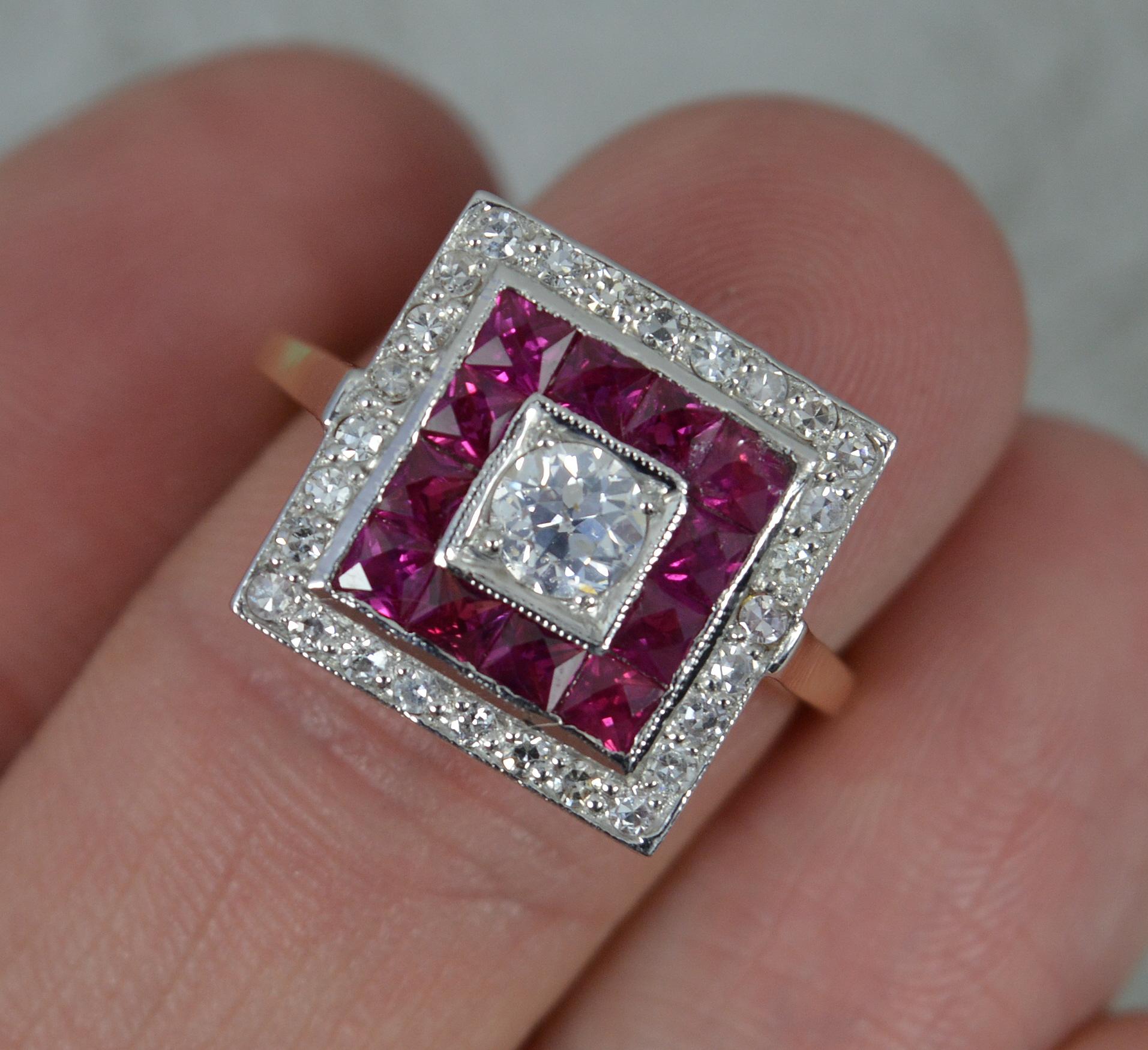 Women's Art Deco 18ct Gold Platinum Diamond and French Cut Ruby Square Cluster Ring